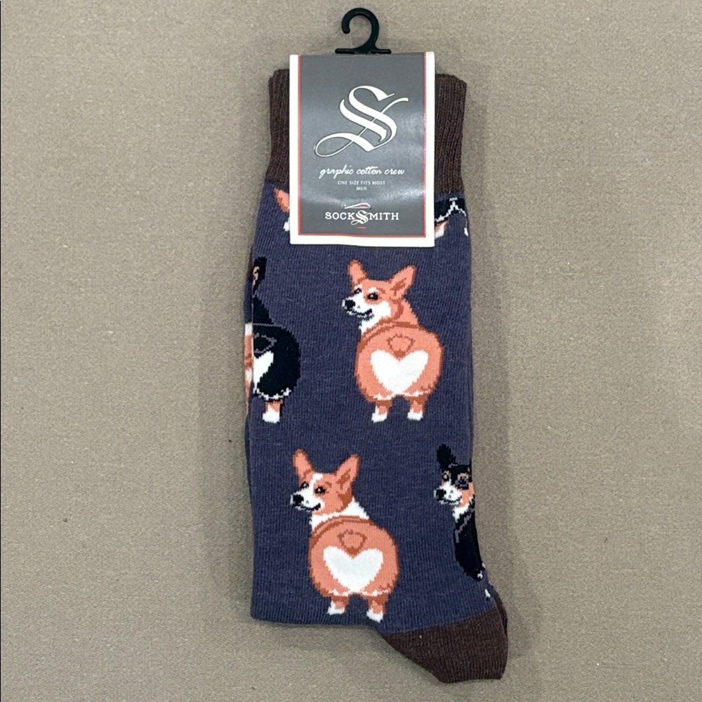 NEW SOCK SMITH Men’s Corgi Socks Gray Black Brown White Heart Butt Size 10-13